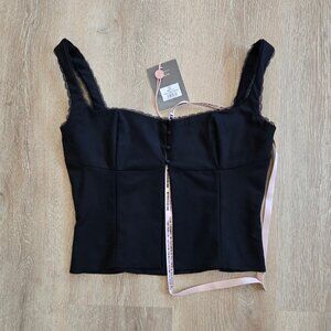 House of CB Noura Lace Trim Black Open Front Tank Top Large (D/E) New With Tags